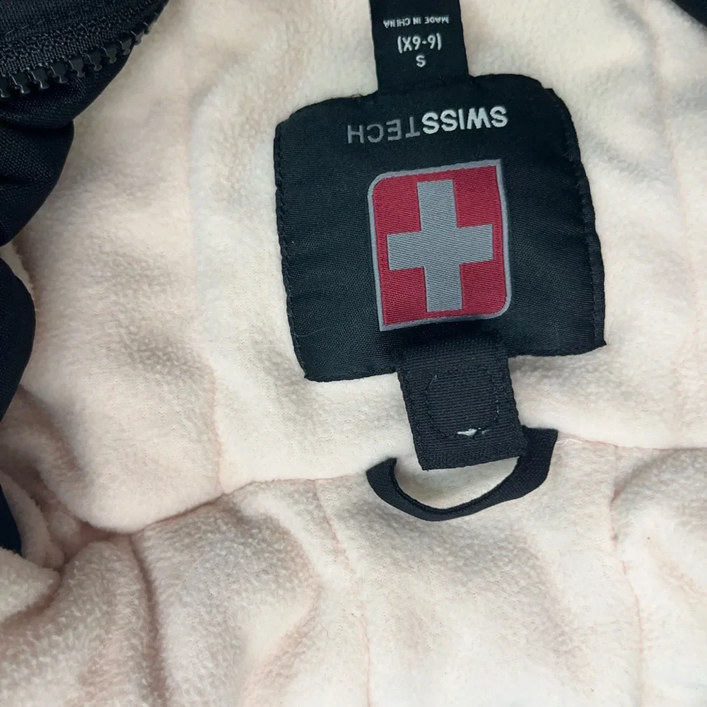 SWISS TECH GIRLS COAT WITH HOOD SZ S 6-6X BLACK/WHITE PINK FLEECE‎ LINING